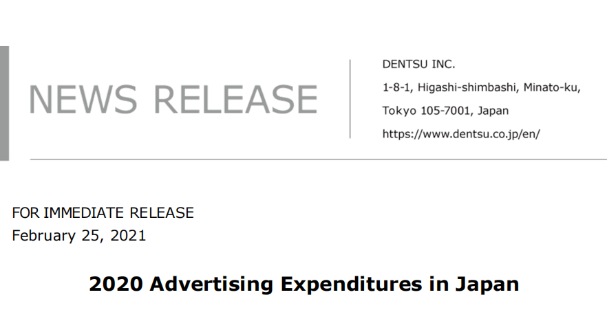 電通發(fā)布2020年日本廣告支出報(bào)告:整體廣告支出達(dá)61594億日元(下降11.2%)